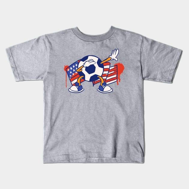 Dabbing Soccer Ball Cartoon USA American Flag Kids T-Shirt by Now Boarding